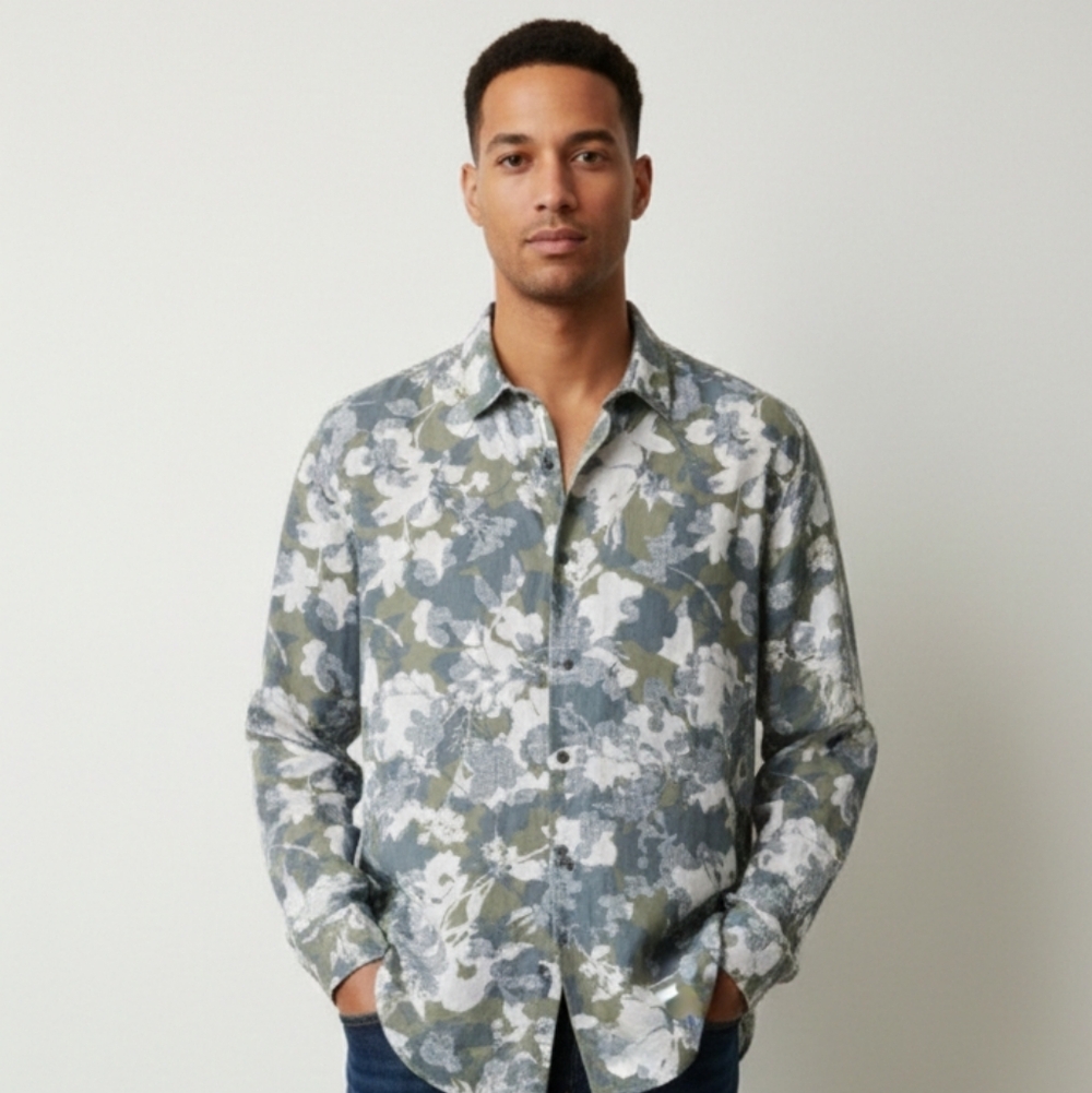 Perry Ellis Olive and Charcoal Floral Shirt